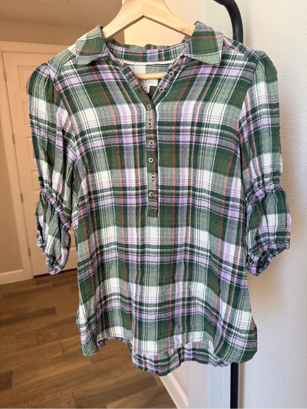 NWT Anthropologie Pilcro Cinched Sleeve Plaid Button Down Top XXS Green Purple